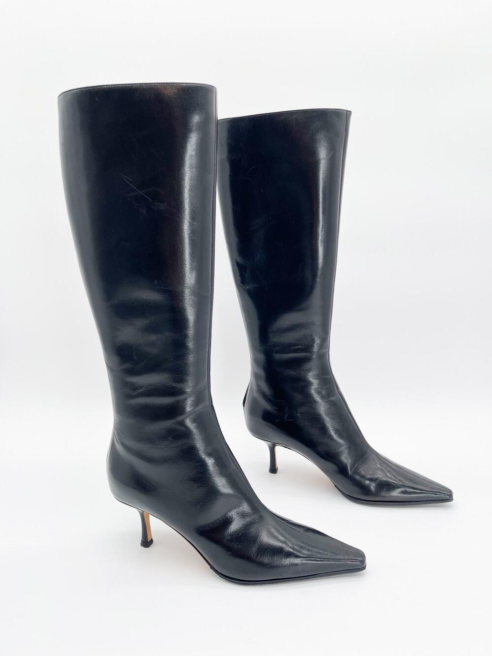 Jimmy Choo Vintage Peony Black Leather Pointed Toe Knee High Heeled Boots IT 38